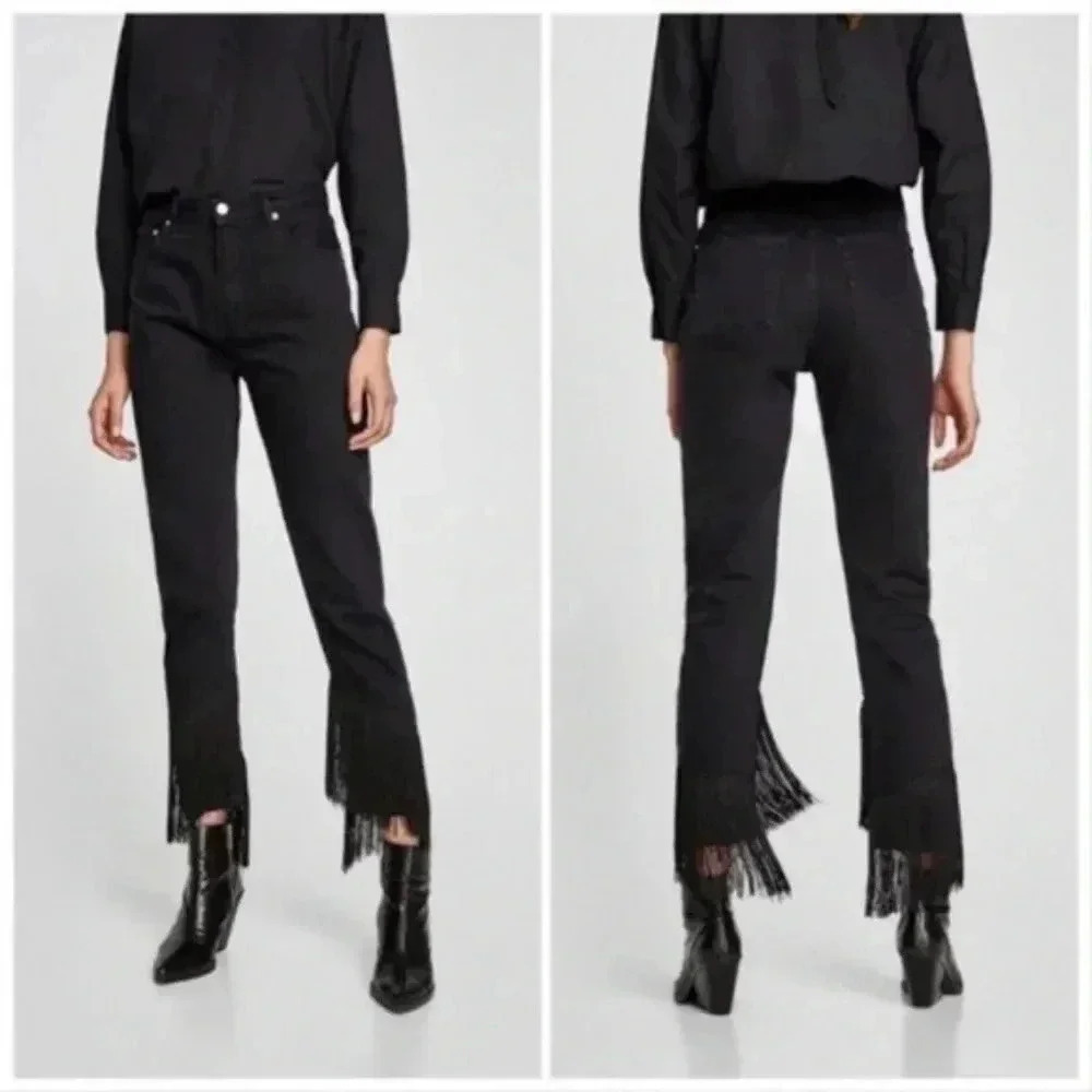 ZARA Costumized  The Vintage High Waisted Black Fringe Jeans